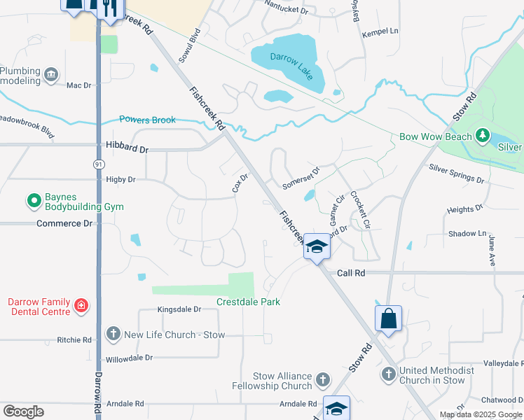 map of restaurants, bars, coffee shops, grocery stores, and more near 4742 Danforth Reserve in Stow