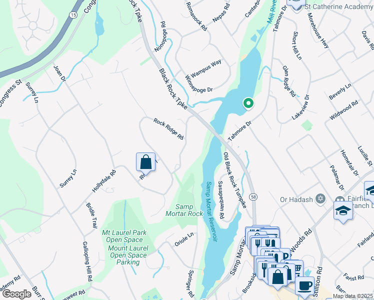 map of restaurants, bars, coffee shops, grocery stores, and more near 64 Rolling Ridge Road in Fairfield
