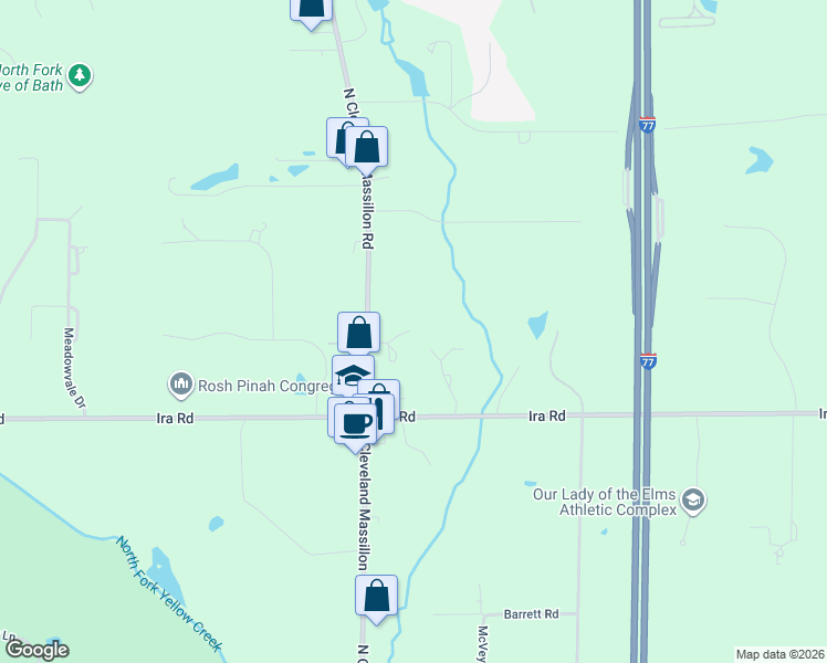 map of restaurants, bars, coffee shops, grocery stores, and more near 2041 North Cleveland Massillon Road in Akron