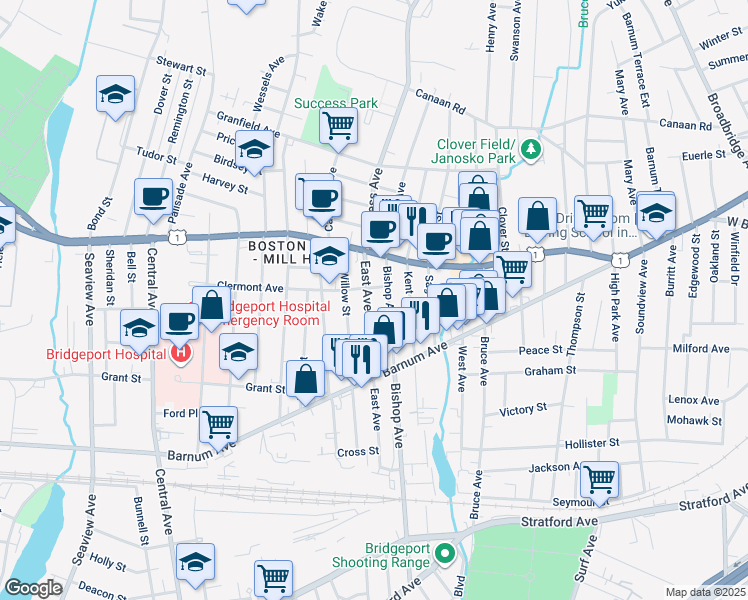 map of restaurants, bars, coffee shops, grocery stores, and more near 400 East Avenue in Bridgeport