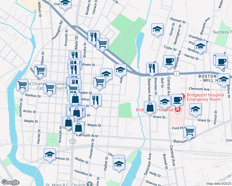 map of restaurants, bars, coffee shops, grocery stores, and more near 785 Ogden Street in Bridgeport