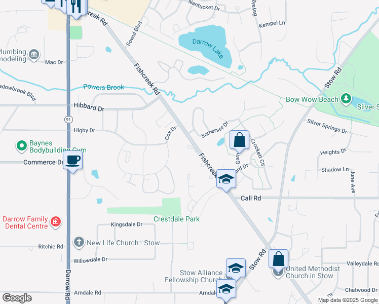 map of restaurants, bars, coffee shops, grocery stores, and more near 4742 Danforth Reserve in Stow