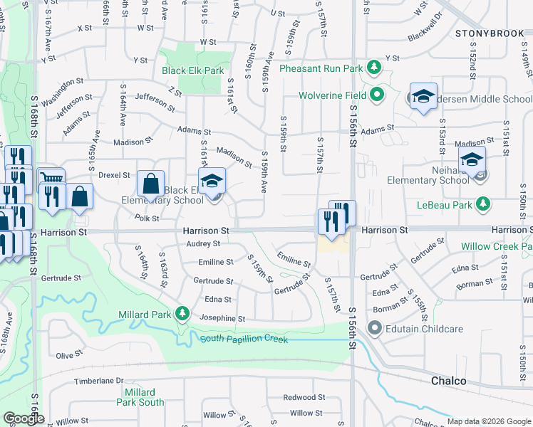 map of restaurants, bars, coffee shops, grocery stores, and more near 15953 Polk St in Omaha