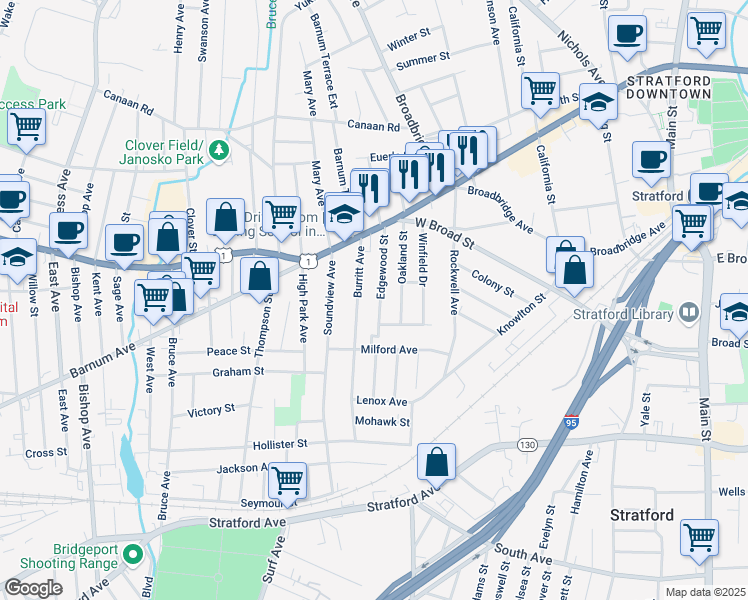 map of restaurants, bars, coffee shops, grocery stores, and more near 155 Edgewood Street in Stratford