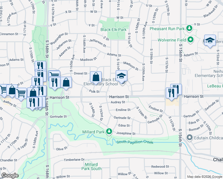 map of restaurants, bars, coffee shops, grocery stores, and more near 16216 Polk Circle in Omaha
