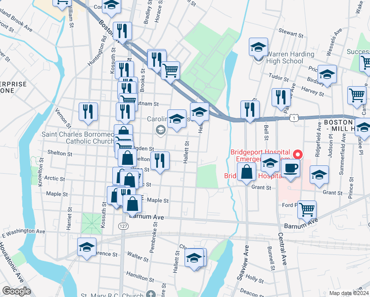 map of restaurants, bars, coffee shops, grocery stores, and more near 731 Hallett Street in Bridgeport