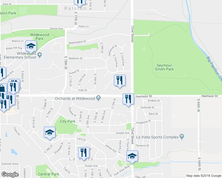 map of restaurants, bars, coffee shops, grocery stores, and more near 6756 South 73rd Street Circle in Ralston