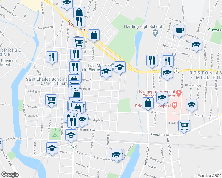 map of restaurants, bars, coffee shops, grocery stores, and more near 729 Hallett Street in Bridgeport