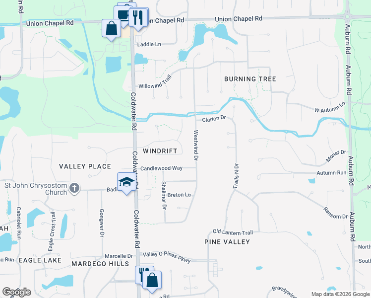 map of restaurants, bars, coffee shops, grocery stores, and more near 11718 Grand River Drive in Fort Wayne