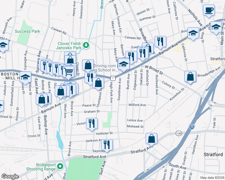 map of restaurants, bars, coffee shops, grocery stores, and more near 81 High Park Avenue in Stratford