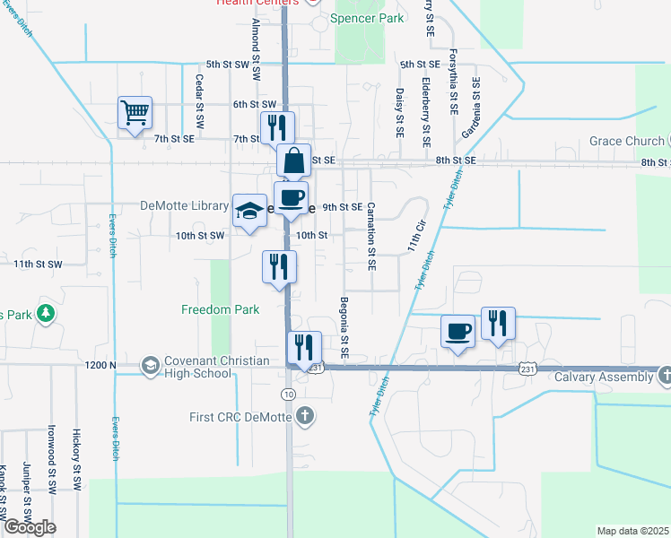 map of restaurants, bars, coffee shops, grocery stores, and more near 1102 Begonia St SE in De Motte