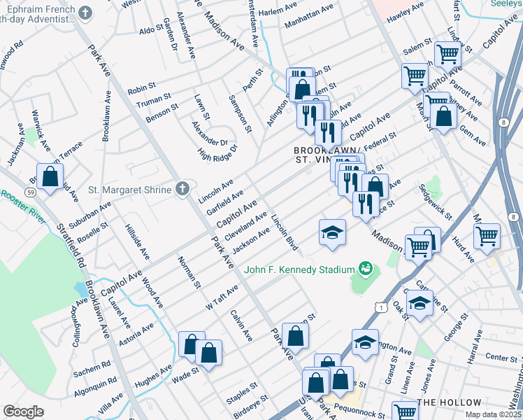 map of restaurants, bars, coffee shops, grocery stores, and more near 1175 Capitol Avenue in Bridgeport