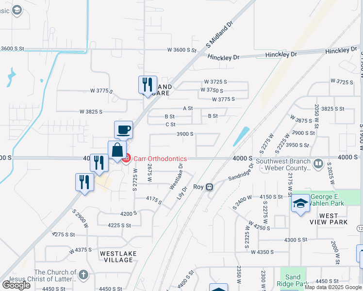 map of restaurants, bars, coffee shops, grocery stores, and more near 3945 South 2625 West in Roy