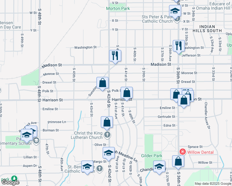 map of restaurants, bars, coffee shops, grocery stores, and more near 4125 Polk St in Omaha