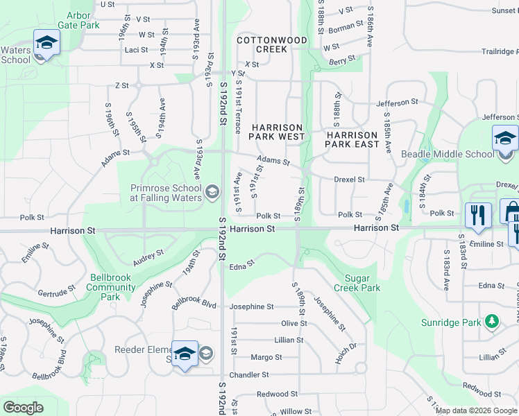 map of restaurants, bars, coffee shops, grocery stores, and more near 6759 South 191st Street in Omaha