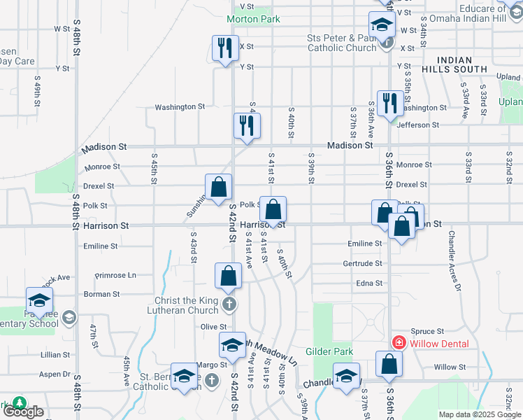 map of restaurants, bars, coffee shops, grocery stores, and more near 4125 Polk Street in Omaha