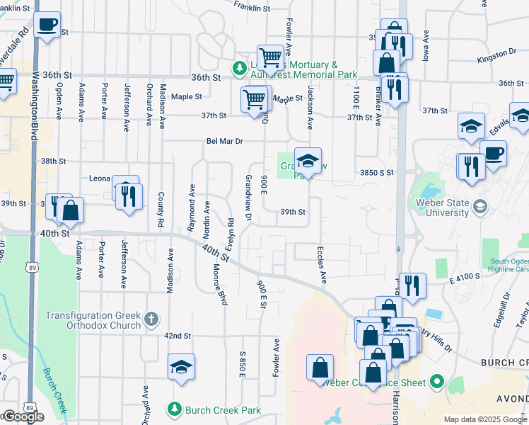 map of restaurants, bars, coffee shops, grocery stores, and more near 3891 Quincy Avenue in Ogden