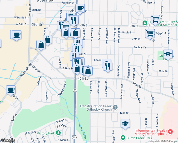 map of restaurants, bars, coffee shops, grocery stores, and more near 3901 Adams Avenue in Ogden