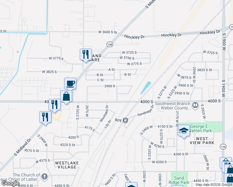map of restaurants, bars, coffee shops, grocery stores, and more near 3947 South 2600 West in Roy