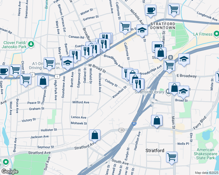 map of restaurants, bars, coffee shops, grocery stores, and more near 80 Temple Street in Stratford