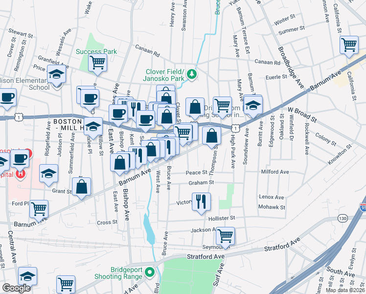 map of restaurants, bars, coffee shops, grocery stores, and more near 3 Agresta Terrace in Stratford