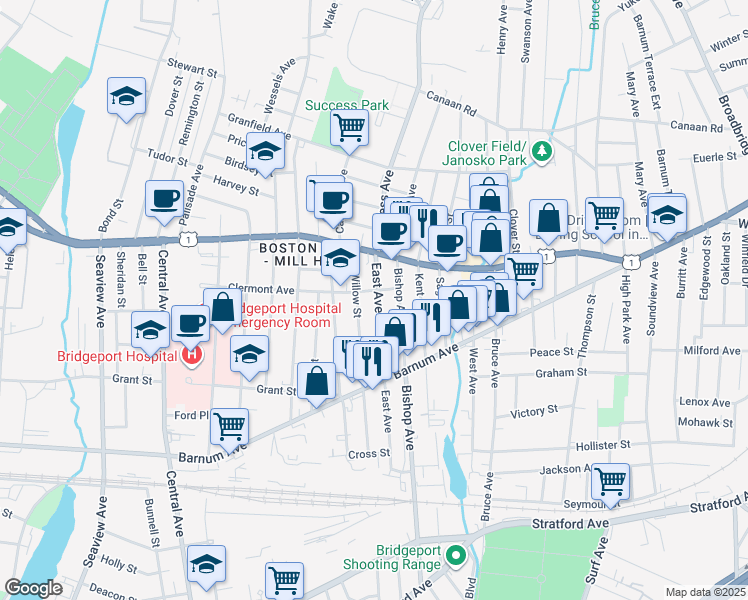 map of restaurants, bars, coffee shops, grocery stores, and more near 400 East Avenue in Bridgeport