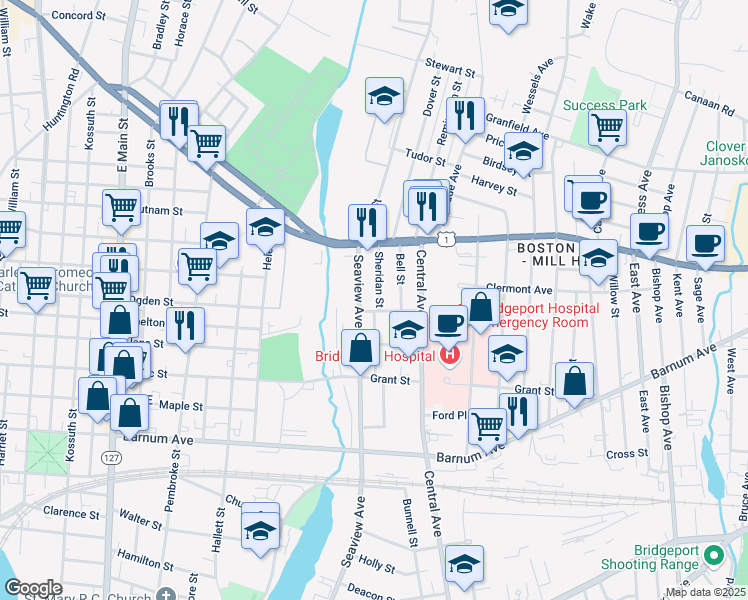 map of restaurants, bars, coffee shops, grocery stores, and more near 2084 Seaview Avenue in Bridgeport