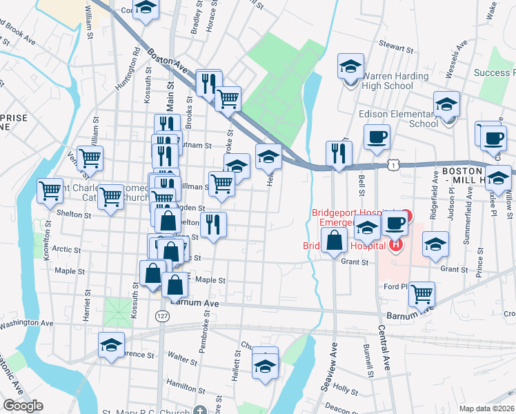 map of restaurants, bars, coffee shops, grocery stores, and more near 785 Ogden Street in Bridgeport