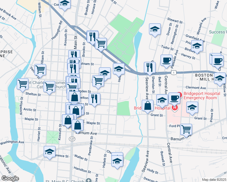 map of restaurants, bars, coffee shops, grocery stores, and more near 785 Ogden Street in Bridgeport