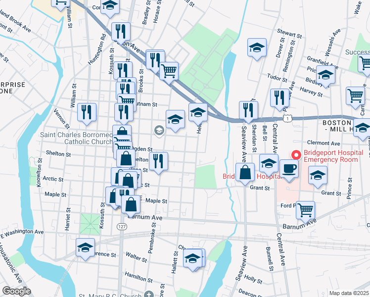 map of restaurants, bars, coffee shops, grocery stores, and more near 713 Ogden Street in Bridgeport
