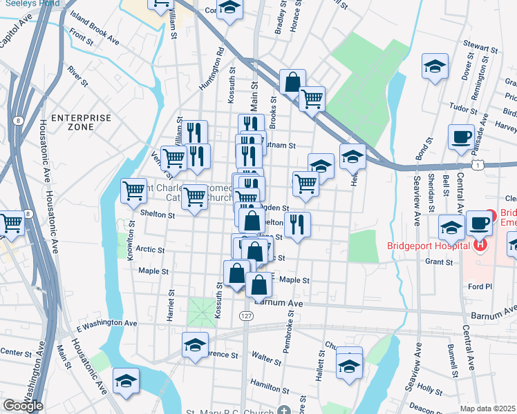 map of restaurants, bars, coffee shops, grocery stores, and more near 1228 East Main Street in Bridgeport