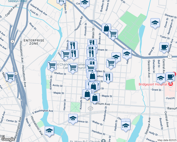 map of restaurants, bars, coffee shops, grocery stores, and more near 1228 East Main Street in Bridgeport