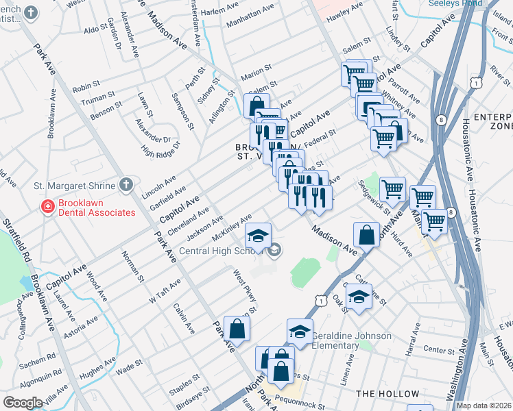 map of restaurants, bars, coffee shops, grocery stores, and more near 93 McKinley Avenue in Bridgeport