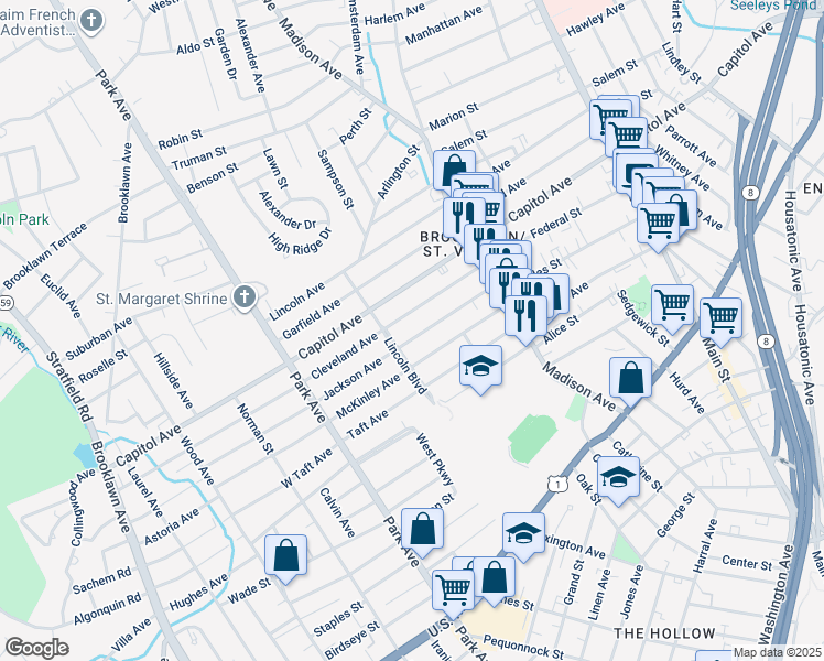 map of restaurants, bars, coffee shops, grocery stores, and more near 169 Jackson Avenue in Bridgeport
