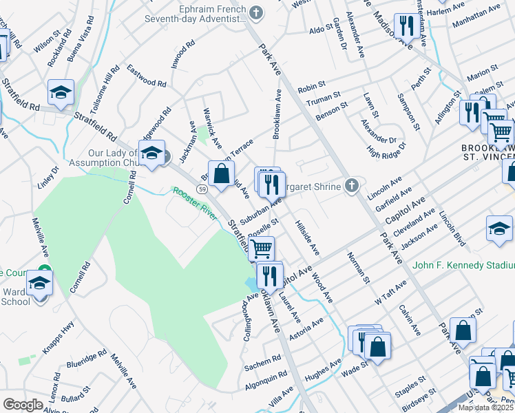 map of restaurants, bars, coffee shops, grocery stores, and more near 21 Euclid Avenue in Fairfield