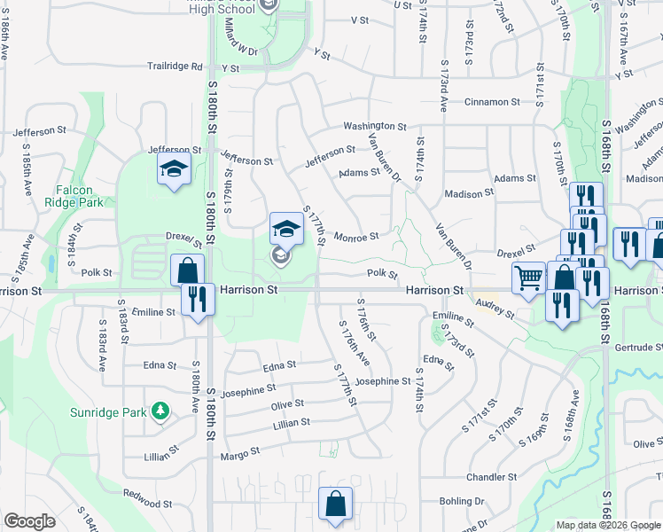 map of restaurants, bars, coffee shops, grocery stores, and more near 17606 Polk Street in Omaha