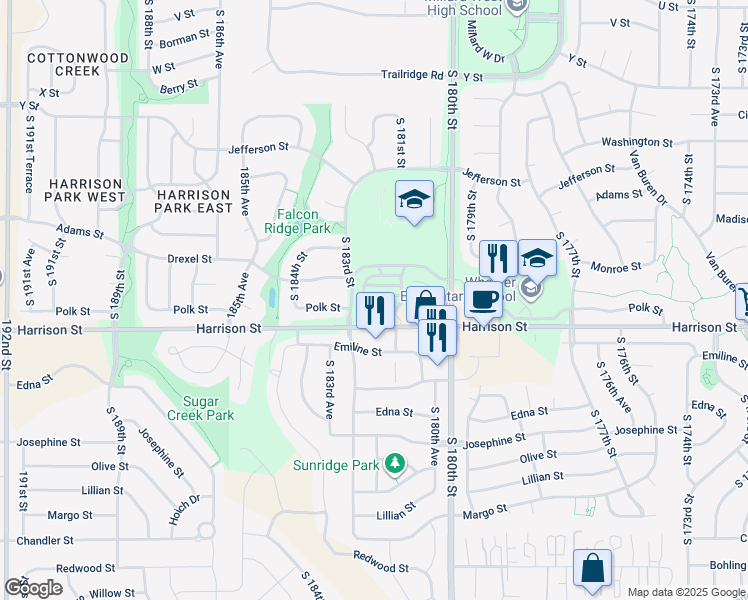 map of restaurants, bars, coffee shops, grocery stores, and more near 18173 Southdale Plaza in Omaha