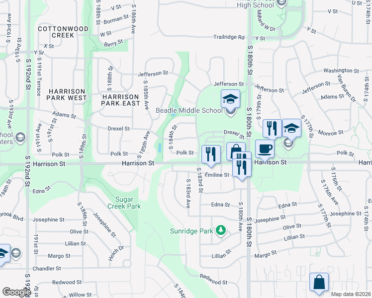 map of restaurants, bars, coffee shops, grocery stores, and more near 18328 Polk Street in Omaha