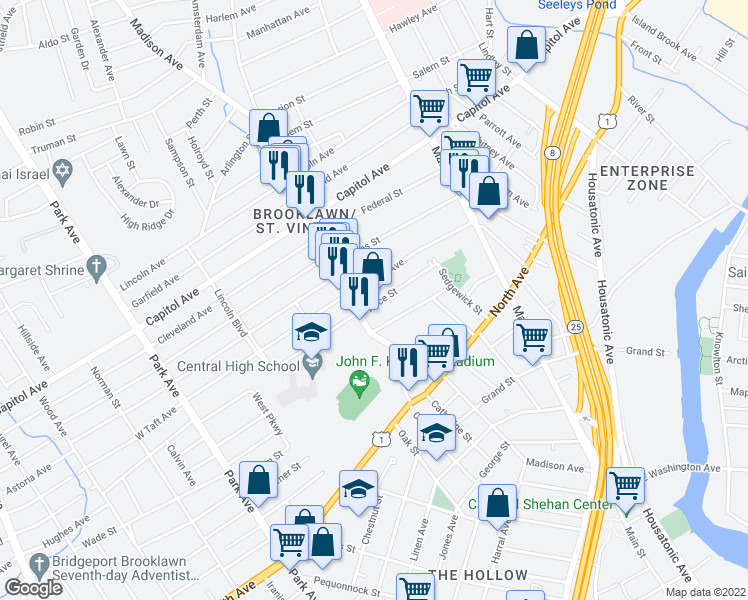 map of restaurants, bars, coffee shops, grocery stores, and more near 240 Alice Street in Bridgeport