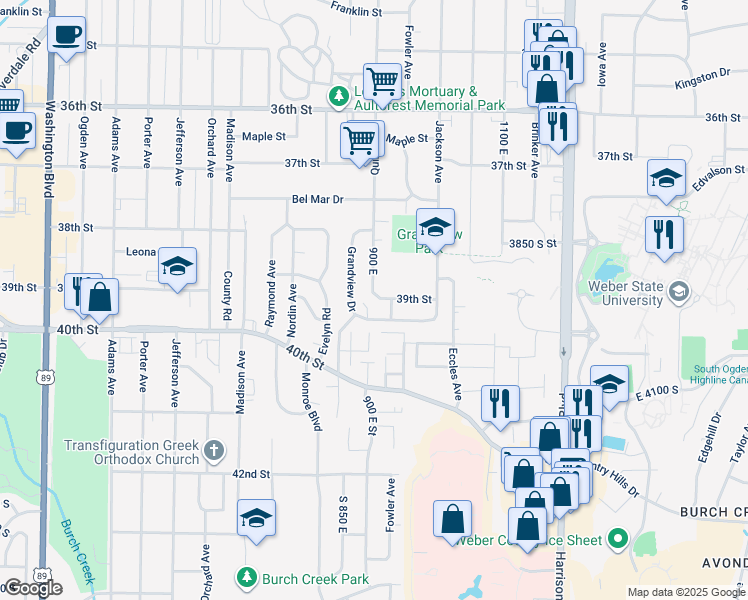 map of restaurants, bars, coffee shops, grocery stores, and more near 3891 Quincy Avenue in Ogden