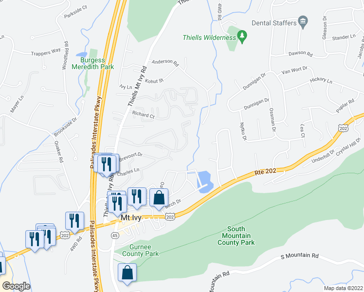 map of restaurants, bars, coffee shops, grocery stores, and more near 250 Country Club Lane in Pomona