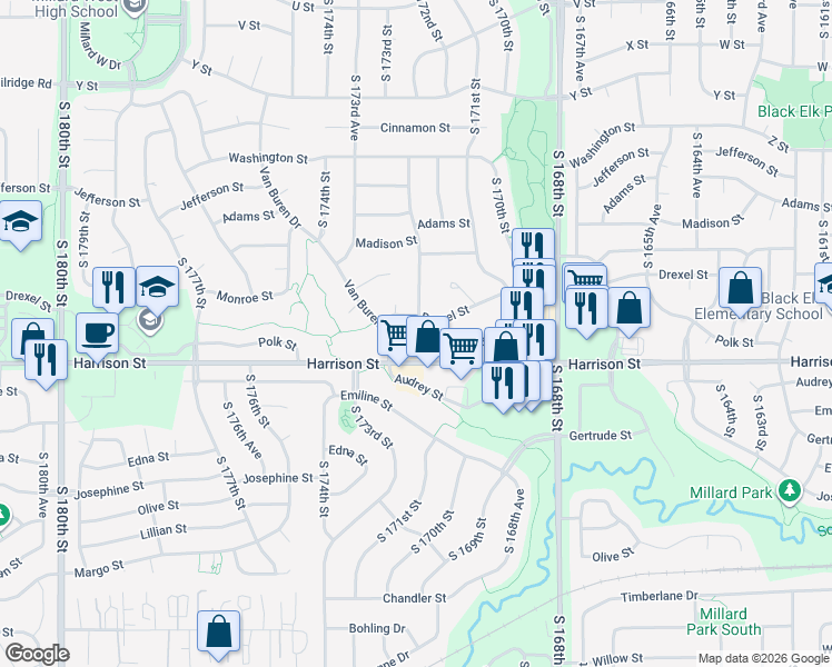 map of restaurants, bars, coffee shops, grocery stores, and more near 17218 Polk Circle in Omaha