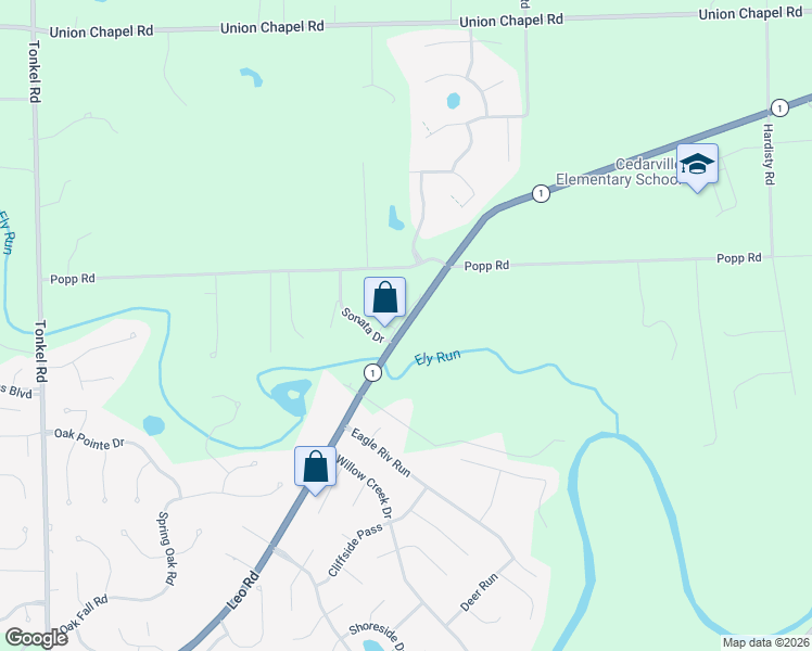 map of restaurants, bars, coffee shops, grocery stores, and more near 11703 Leo Road in Fort Wayne