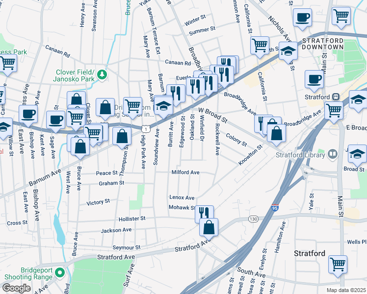 map of restaurants, bars, coffee shops, grocery stores, and more near 155 Edgewood Street in Stratford