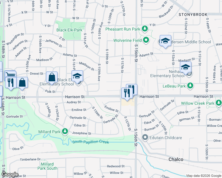 map of restaurants, bars, coffee shops, grocery stores, and more near 15806 Polk Circle in Omaha