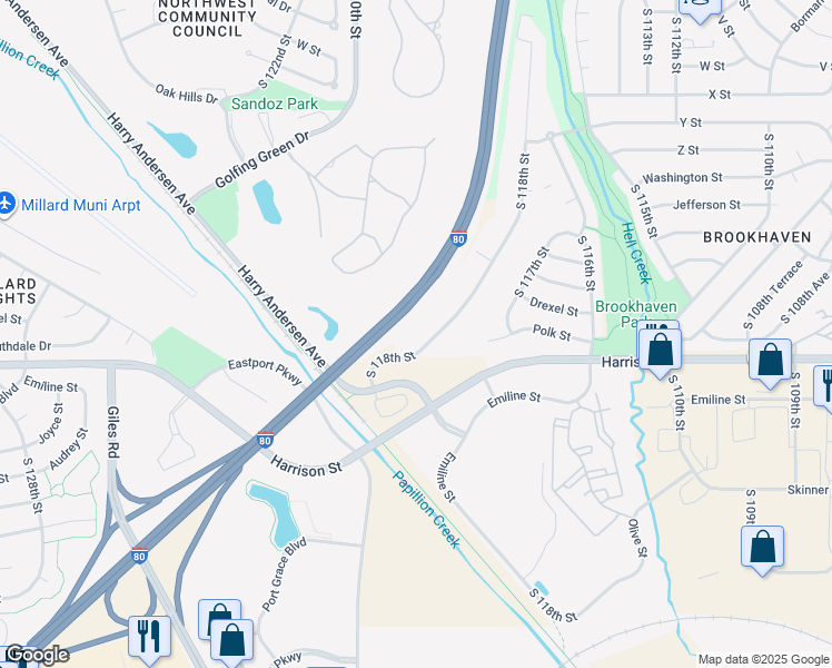 map of restaurants, bars, coffee shops, grocery stores, and more near 6860 South 118th Street in Omaha