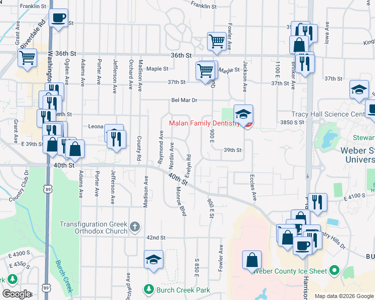 map of restaurants, bars, coffee shops, grocery stores, and more near 3871 Grandview Drive in Ogden