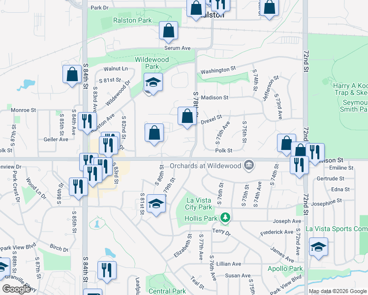 map of restaurants, bars, coffee shops, grocery stores, and more near 6880 South 78th Street in Ralston