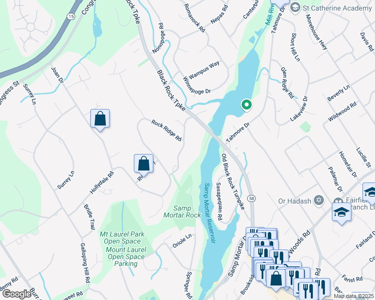 map of restaurants, bars, coffee shops, grocery stores, and more near 64 Rolling Ridge Road in Fairfield