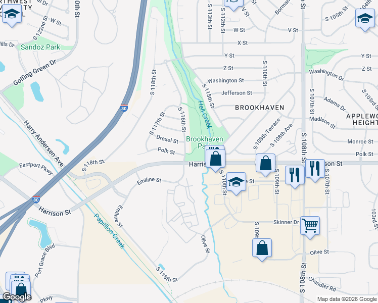 map of restaurants, bars, coffee shops, grocery stores, and more near 11602 Polk Street in Omaha